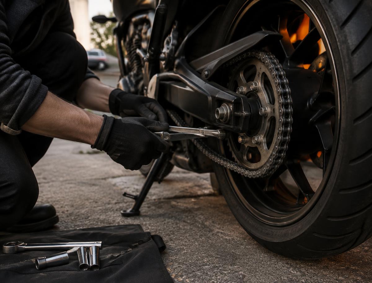 Ajuste de corrente e roda traseira de motocicleta em atendimento externo